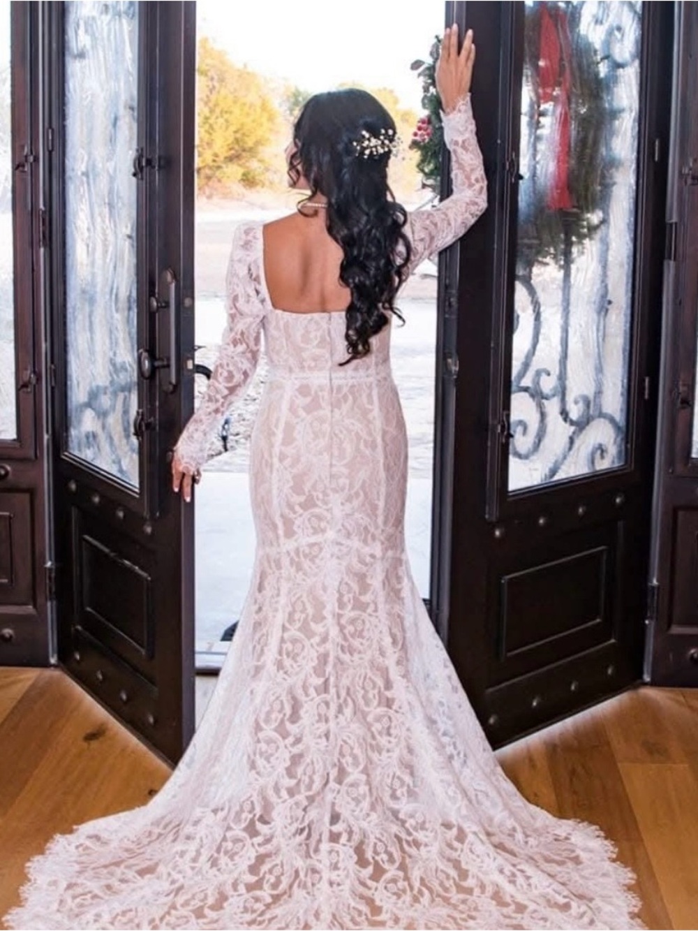 David's Bridal Nude, blush lining, detachable  Long-Sleeve, lace, Bridal Gown